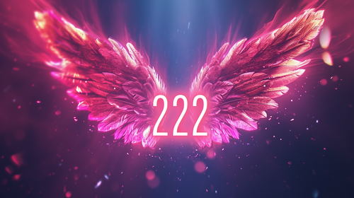 A pink/purple spiritual artistic image of angel wings with the number 222 in the middle.